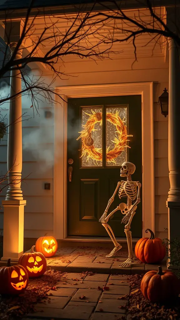 A Halloween front porch featuring a skeleton prop, carved pumpkins, and a decorative wreath on the door.