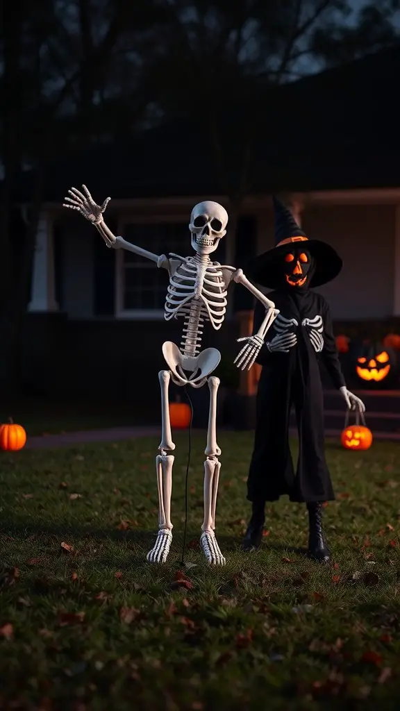A skeleton waving next to a child in a witch costume, with pumpkins in the background