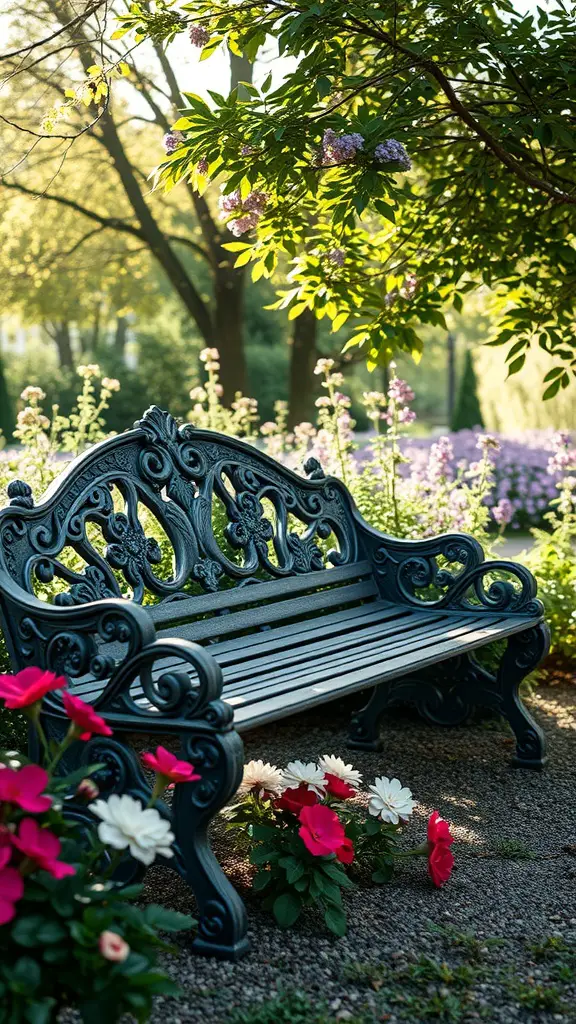 17 Charming Vintage Garden Decor Ideas to Enhance Your Outdoor Space 8 An antique garden bench surrounded by colorful flowers in a sunny garden