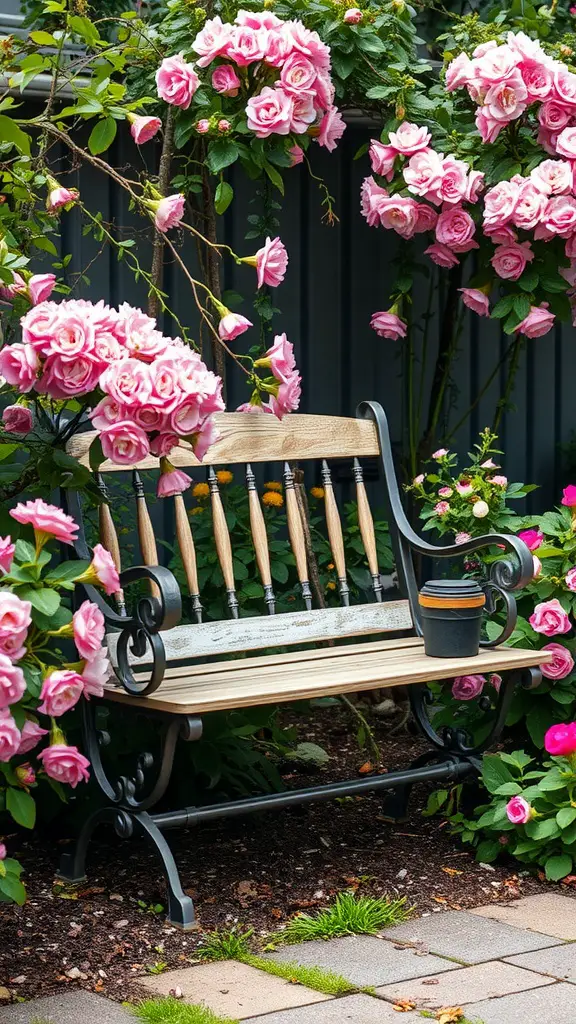 21 Charming Vintage Garden Decor Ideas to Transform Your Outdoor Space 9 A vintage bench surrounded by blooming pink roses in a garden.