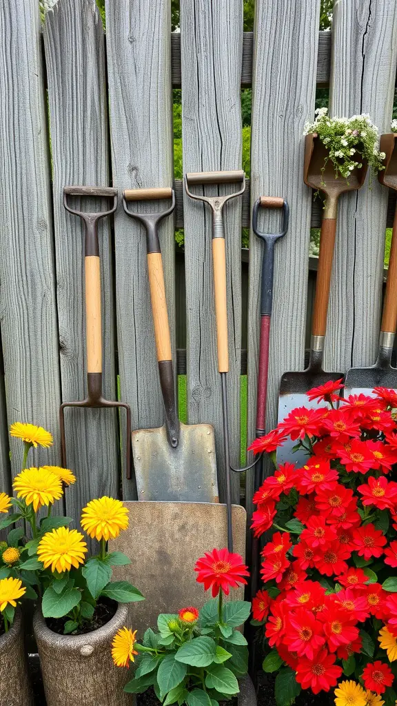 17 Charming Vintage Garden Decor Ideas to Enhance Your Outdoor Space 17 A collection of antique garden tools displayed against a wooden fence, surrounded by colorful flowers.