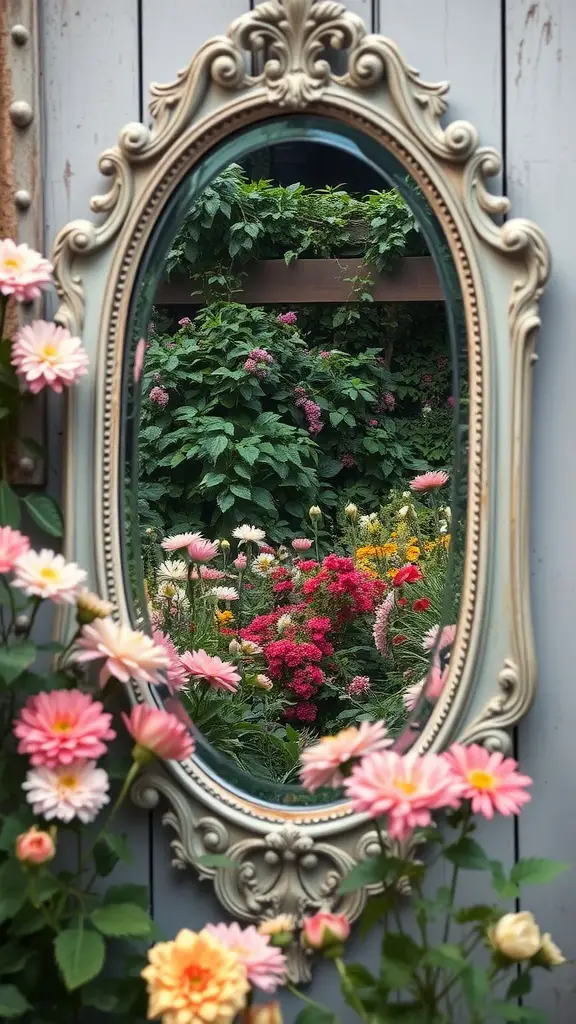 21 Charming Vintage Garden Decor Ideas to Transform Your Outdoor Space 14 An ornate antique mirror reflecting a colorful garden filled with flowers.