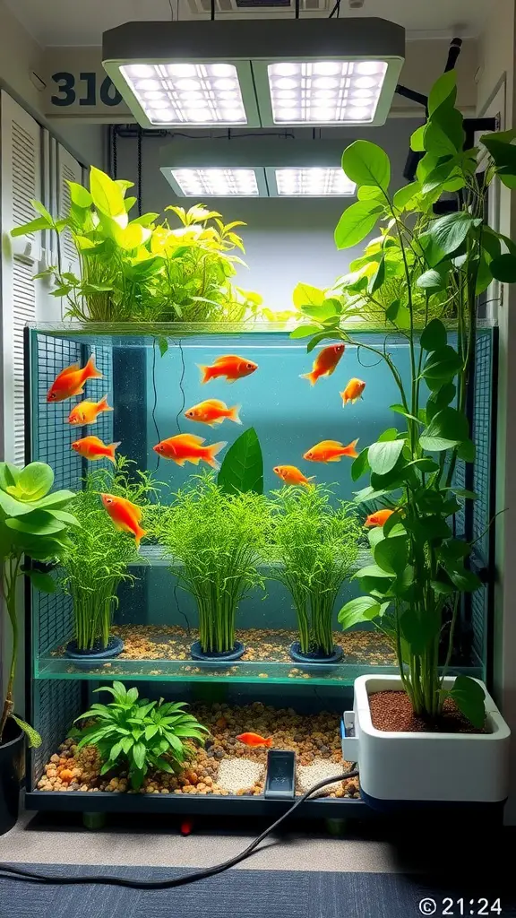 17 Creative Indoor Garden Ideas to Transform Your Space 7 An aquaponic garden setup with fish and plants, featuring LED lights above.