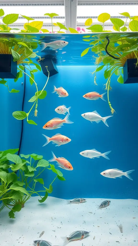 17 Innovative Hydroponic Gardening Ideas You Need to Try 8 An aquaponics system featuring fish swimming in a tank with green plants growing above the water.
