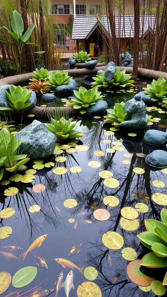 21 Stunning Pond Landscaping Ideas to Transform Your Backyard 14 A tranquil pond with water lilies, stones, and fish, surrounded by greenery.