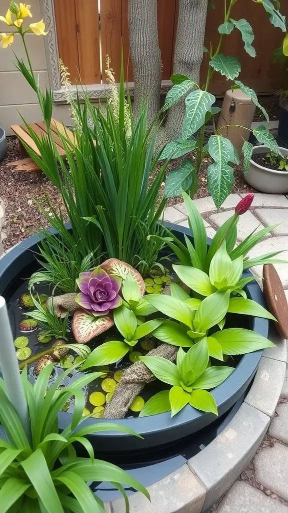 A circular water feature with various aquatic plants, including tall grasses and a purple flower, surrounded by stones.
