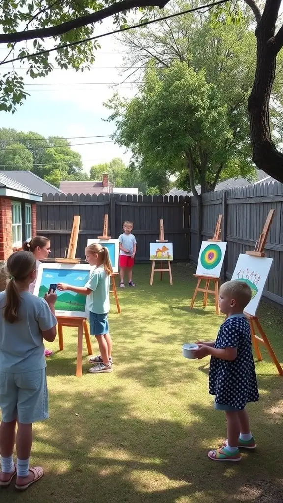 Children showcasing their artwork in a backyard art gallery