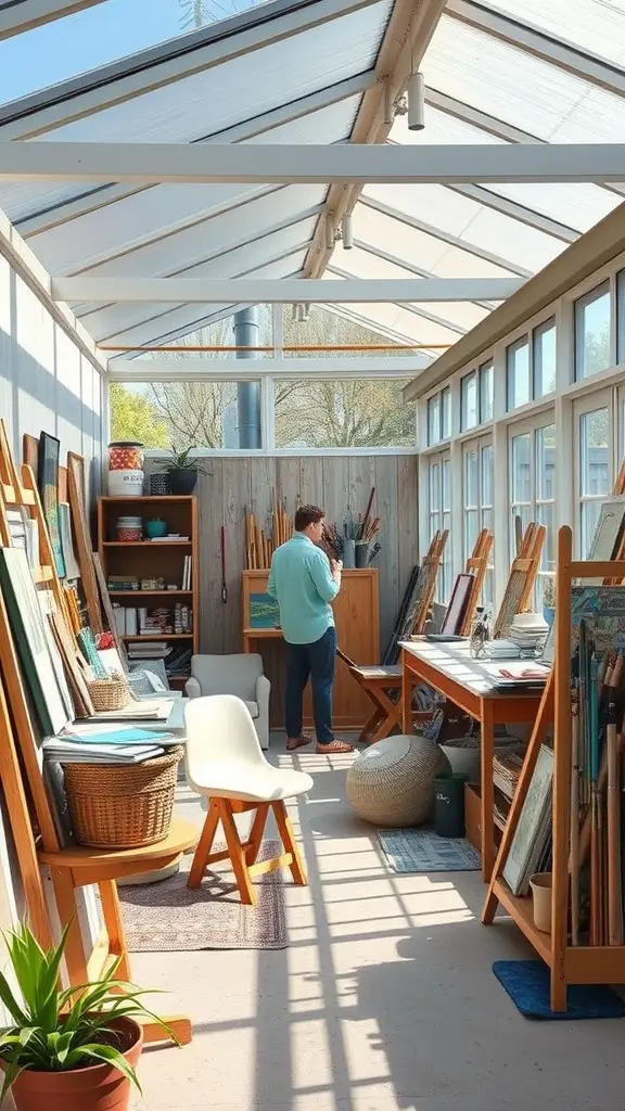 A bright art studio with large windows, wooden easels, and a person painting.