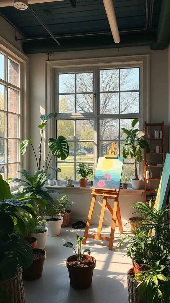 Bright art studio with large windows, plants, and an easel