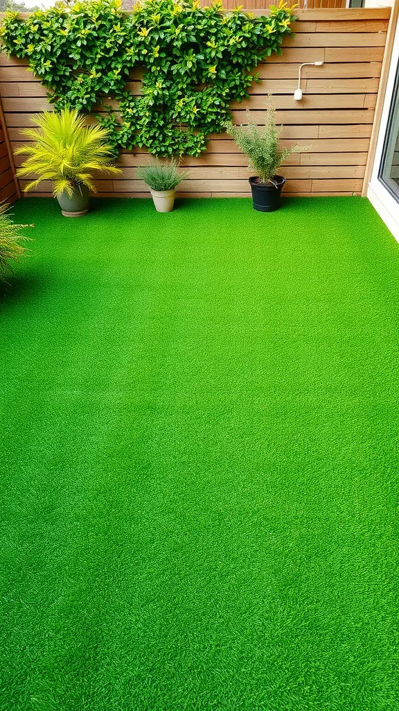 27 Affordable Patio Floor Ideas That Transform Your Outdoor Space 8 A vibrant artificial grass patio with potted plants against a wooden fence.