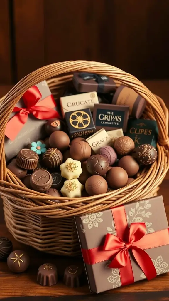 21 Creative Auction Basket Ideas You’ll Love 5 A wicker basket filled with assorted artisan chocolates, beautifully arranged with a red ribbon and decorative packaging.