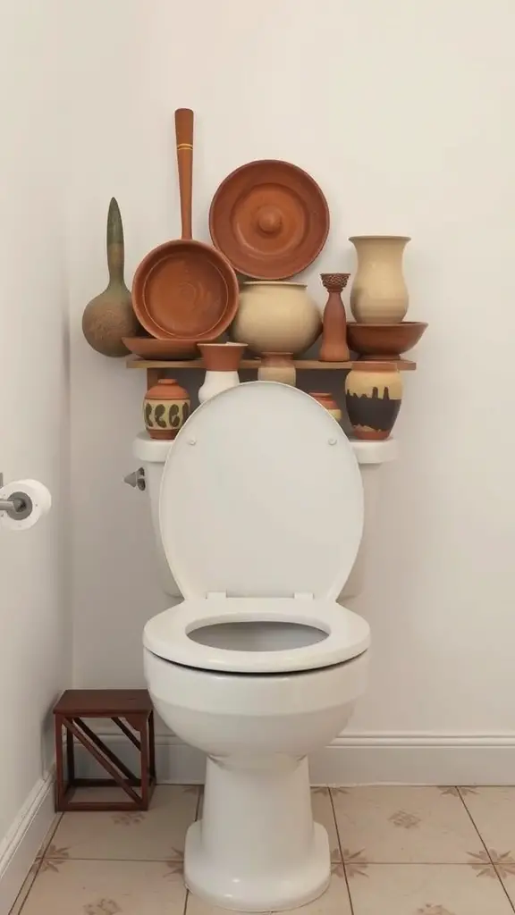 23+Chic Back of Toilet Decor Ideas to Transform Your Bathroom 16 A collection of artisan pottery displayed on a shelf above a toilet, featuring various shapes and earthy tones.