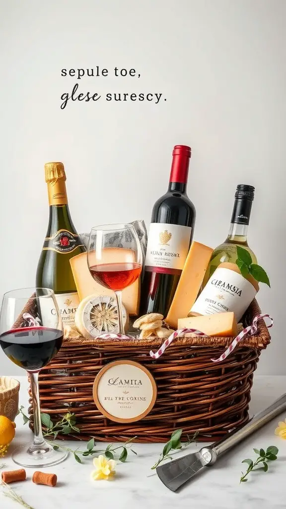 19 Creative Raffle Basket Ideas You’ll Love 7 A beautifully arranged artisan wine and cheese pairing basket with various wines and cheeses.