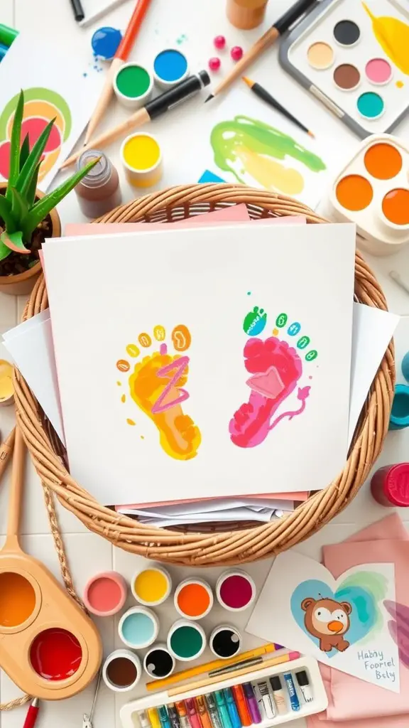 21 Thoughtful Baby Shower Basket Gift Ideas 12 Artistic Baby Footprint Kit with colorful paints and footprint prints