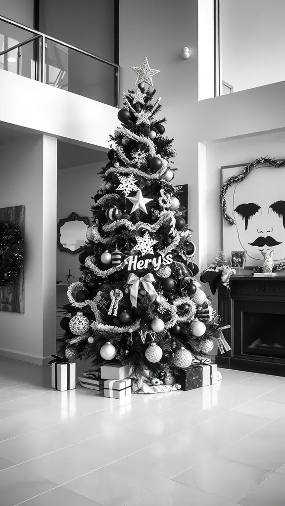 19 Unique Christmas Tree Ideas to Brighten Your Holidays 17 A black and white Christmas tree decorated with various ornaments and gifts underneath.