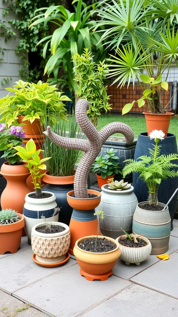 A vibrant collection of artistic containers with various plants, showcasing diverse shapes and colors.