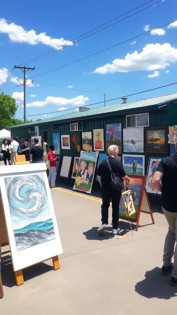 17 Creative Silent Auction Ideas to Boost Your Fundraising Event 9 Outdoor art display featuring various paintings and people admiring the artwork.