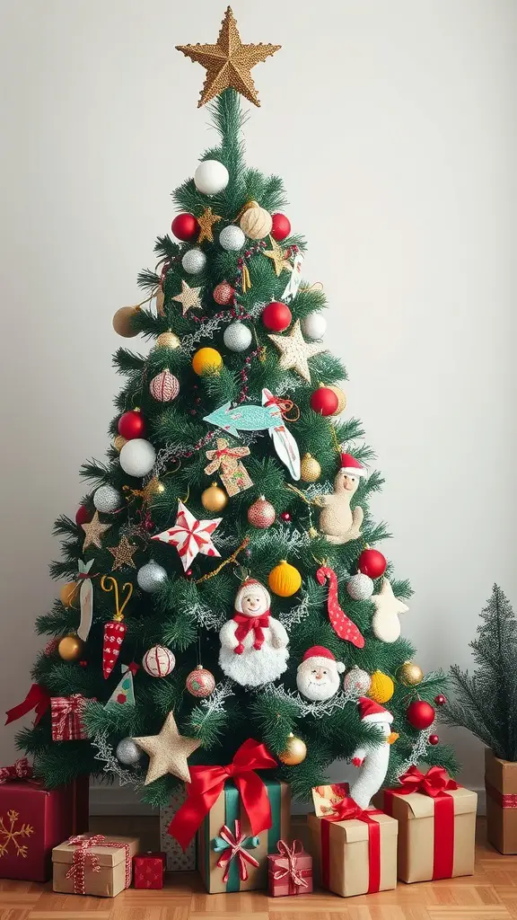 21 Creative Christmas Tree Ideas for a Cozy Fall Celebration 13 A beautifully decorated Christmas tree with colorful ornaments, a star on top, and wrapped presents underneath.