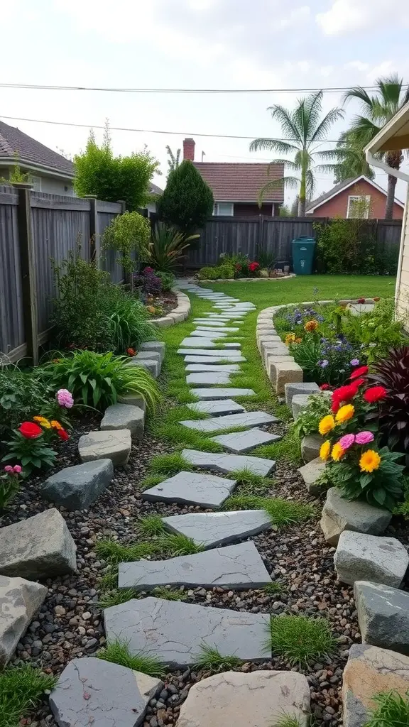 17 Inspiring Backyard Decorating Ideas to Transform Your Outdoor Space 5 A stone pathway lined with colorful flowers in a backyard garden.