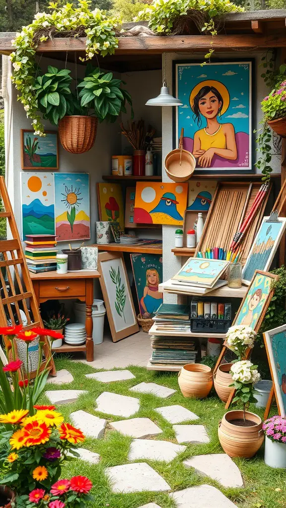 23 Inspiring Garden House Ideas for Your Outdoor Oasis 11 A colorful garden studio filled with art supplies, paintings, and plants, surrounded by flowers.