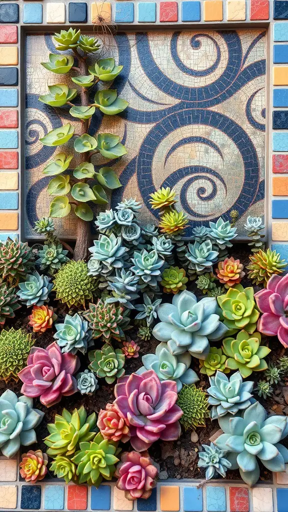 21 Creative Garden Border Ideas You Can Try Today 13 A colorful mosaic border featuring various succulents and a decorative tile background.
