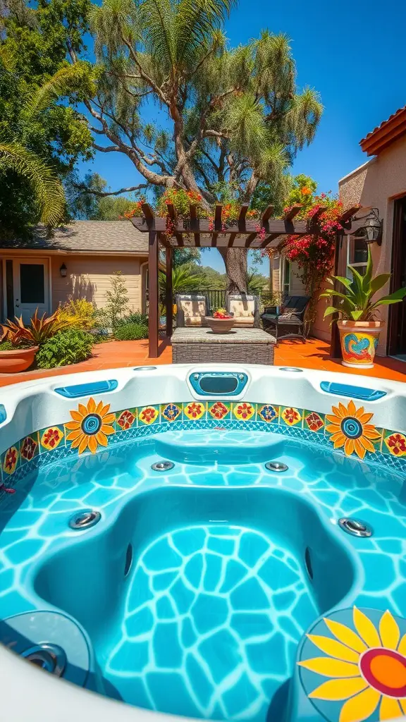 21 Amazing Hot Tub Backyard Ideas for Your Outdoor Oasis 17 A colorful mosaic hot tub with sunflowers, surrounded by greenery and a pergola.