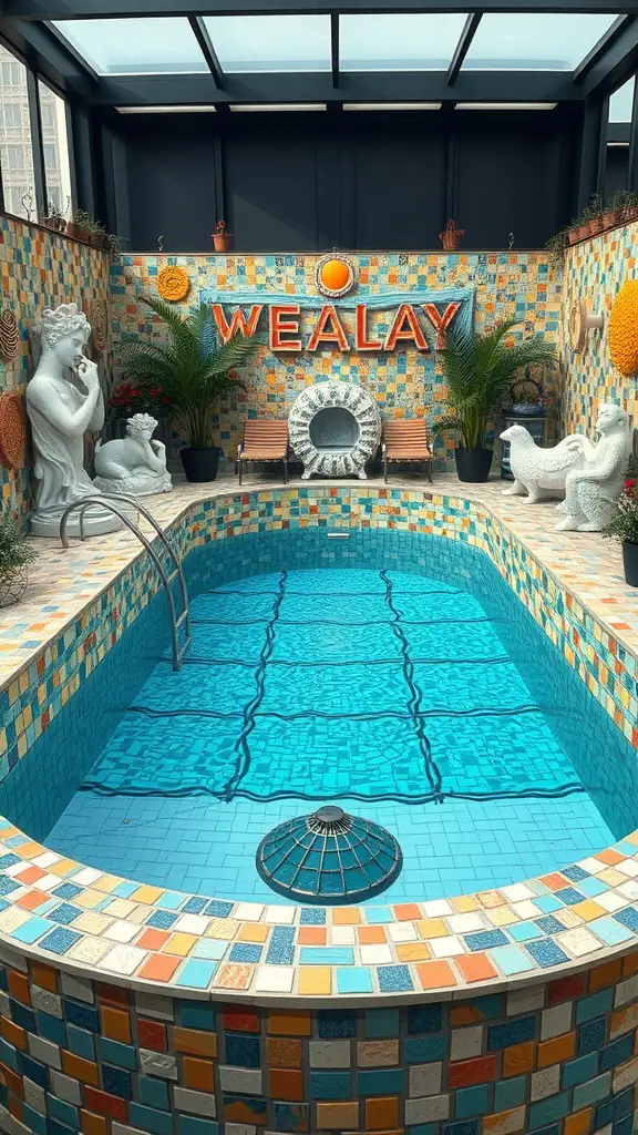 21+ Unique Stock Tank Pool Ideas for Your Backyard Oasis 13 A vibrant stock tank pool surrounded by colorful mosaic tiles and decorative sculptures.