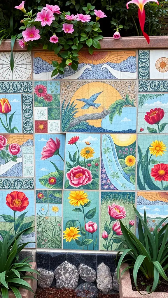 19 Creative Garden Wall Ideas to Transform Your Outdoor Space 6 A colorful garden wall decorated with artistic mosaic tiles featuring flowers and landscapes.
