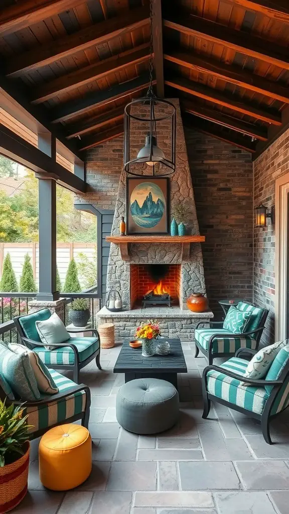 27 Cozy Outdoor Covered Patios with Fireplaces for Ultimate Comfort 16 Cozy outdoor lounge with a fireplace, colorful cushions, and artistic decor.