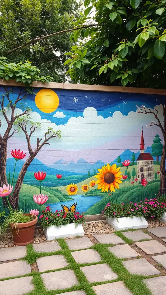 A vibrant outdoor mural featuring flowers, a river, and a sunny sky.