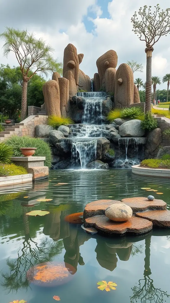A beautiful pond with a sculptural waterfall surrounded by greenery and stones.