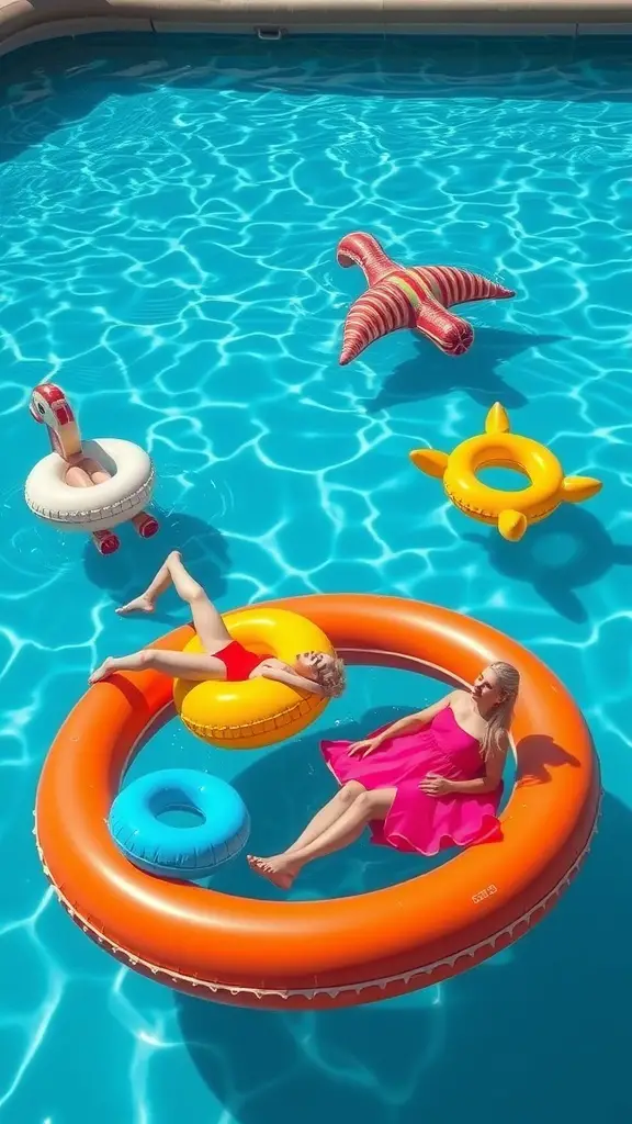 Two women relaxing on colorful inflatable floaties in a pool