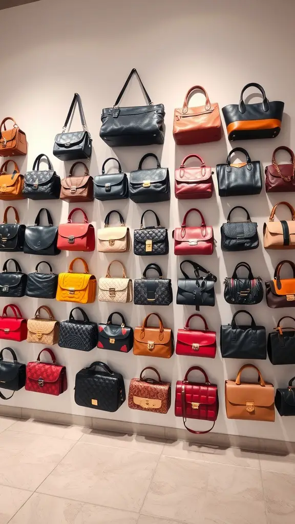 A wall displaying a variety of colorful handbags arranged artistically.