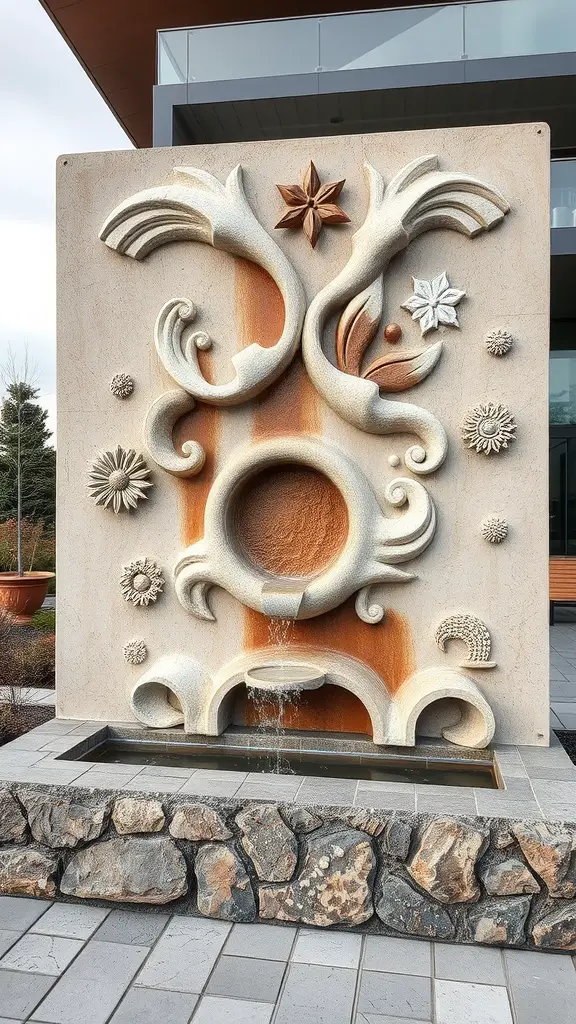 Artistic sculptural fountain with intricate designs and flowing water