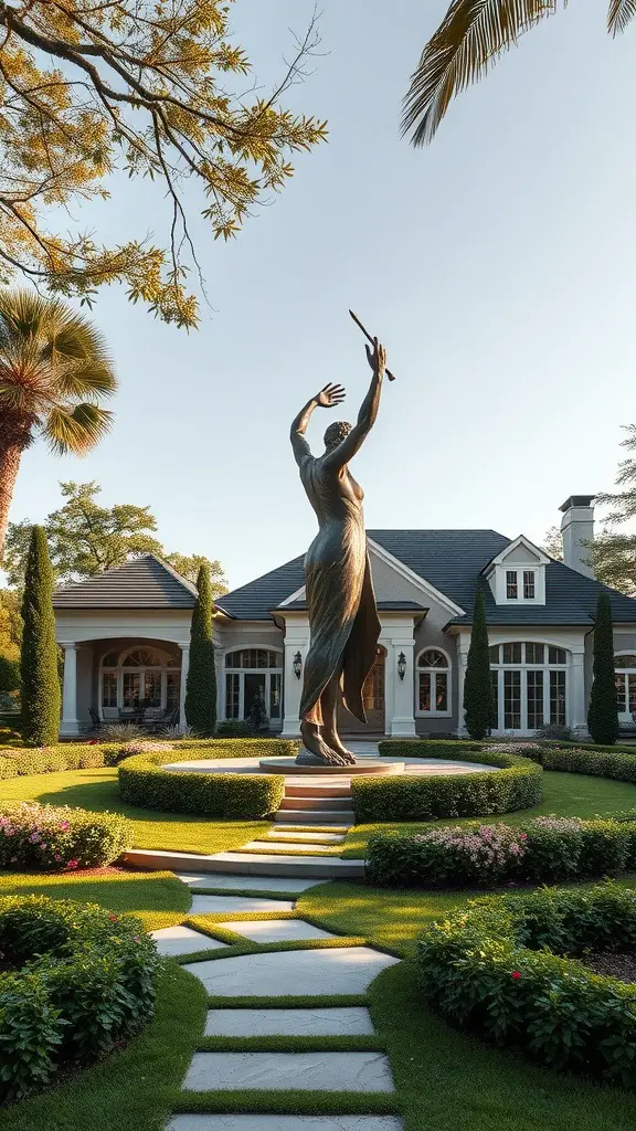 A large artistic sculpture of a woman in a flowing dress, surrounded by manicured gardens and a pathway leading to a mansion.