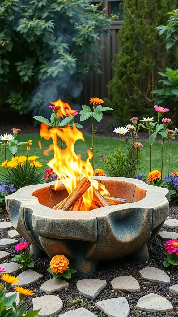 Artistic smokeless fire pit surrounded by colorful flowers in a garden