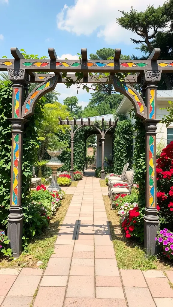 23 Creative Trellis Ideas for Ultimate Privacy in Your Garden 12 A colorful artistic trellis with mosaic design framing a garden pathway lined with flowers.