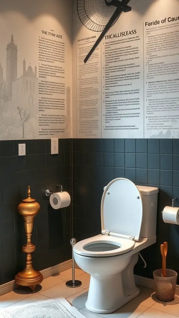 17 Creative Over Toilet Storage Ideas for Small Bathrooms 12 A bathroom with artistic wall art and a unique golden accent piece next to the toilet.