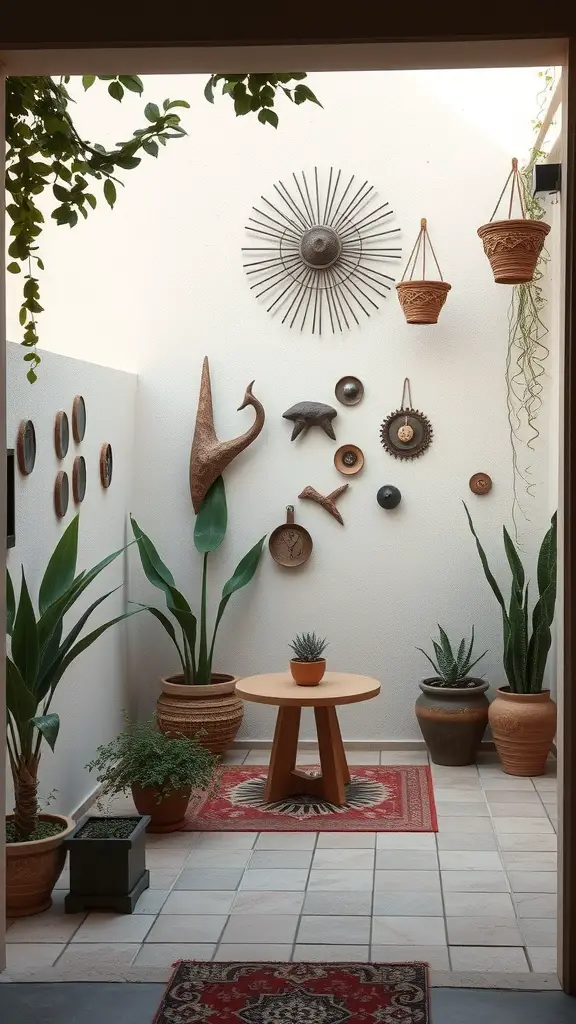 29 Creative Small Patio Decorating Ideas You’ll Love 14 A small patio with artistic wall decor, featuring plants, a table, and various decorative items on the wall.