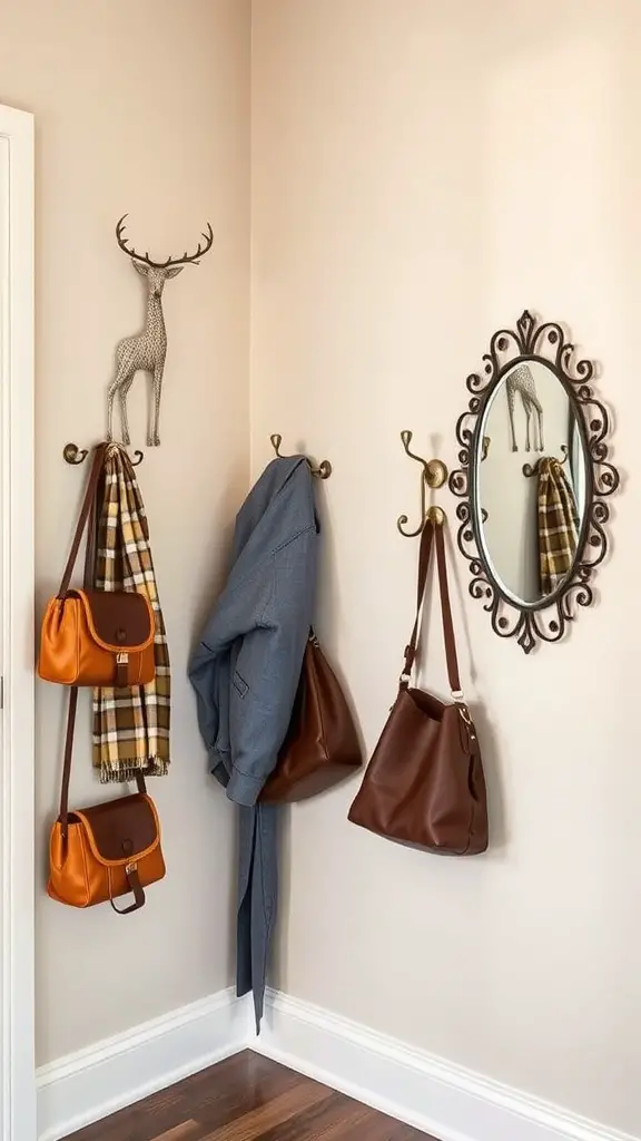 21 Creative Wall Storage Ideas to Maximize Your Space 9 Artistic wall hooks in an entryway with a deer design, holding bags and a coat, alongside a decorative mirror.