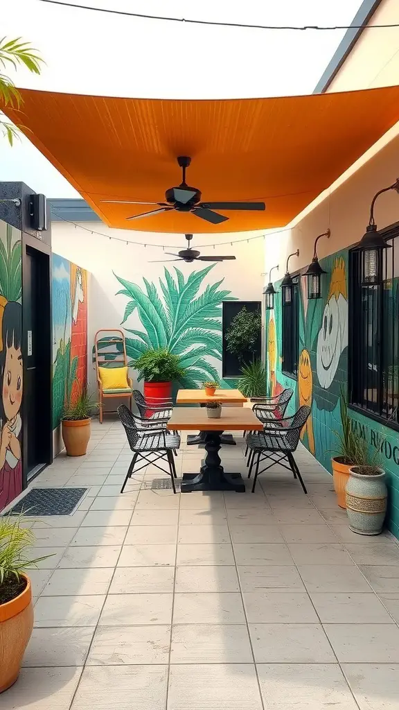 15 Inspiring Outdoor Patio Ideas for Your Dream Space 13 A colorful outdoor patio with artistic wall murals and a wooden table surrounded by chairs.
