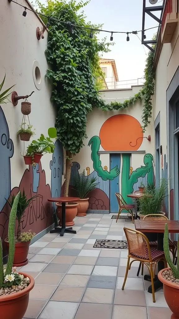 15 Charming Small Outdoor Patio Ideas for a Cozy Retreat 14 A small outdoor patio with colorful wall murals, plants, and seating.
