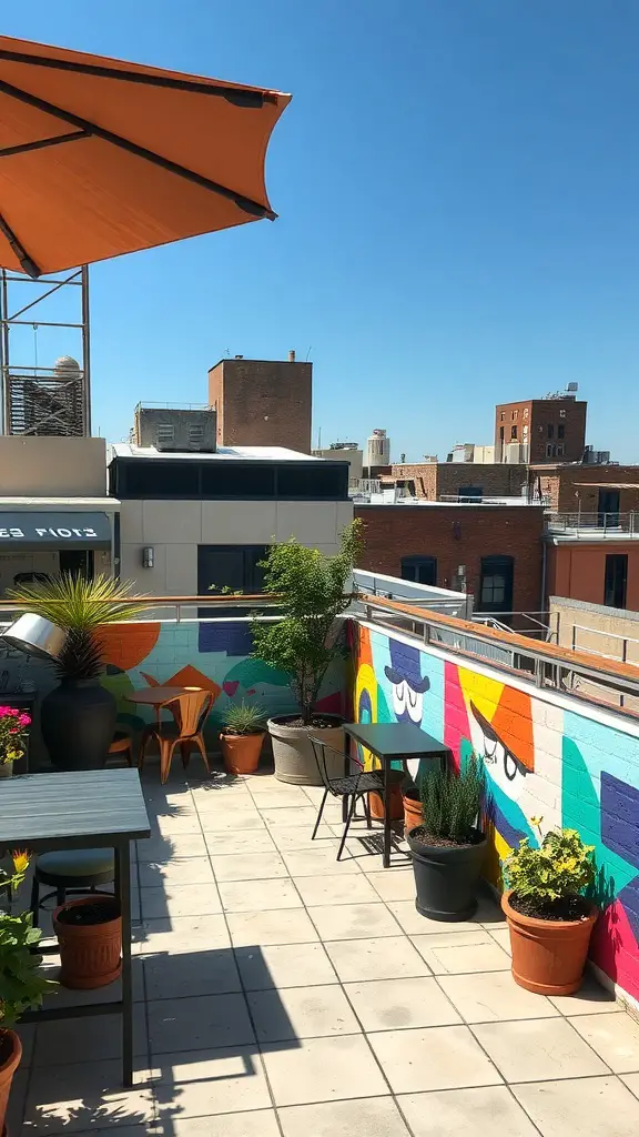 27 Stunning Rooftop Patio Designs for Your Outdoor Oasis 16 A rooftop patio featuring colorful wall murals, potted plants, and outdoor furniture under a bright blue sky.