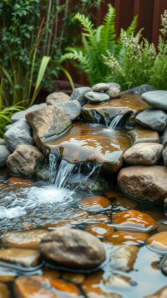 23 Amazing Backyard Ideas for Your Bloxburg Home 17 A serene water feature with cascading waterfalls and smooth stones surrounded by greenery.