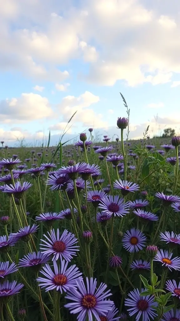 19 Stunning Fall Plants to Brighten Your Garden 4 Field of purple asters under a cloudy sky