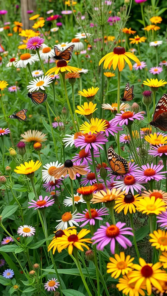 A colorful flower bed with various native perennials and butterflies.