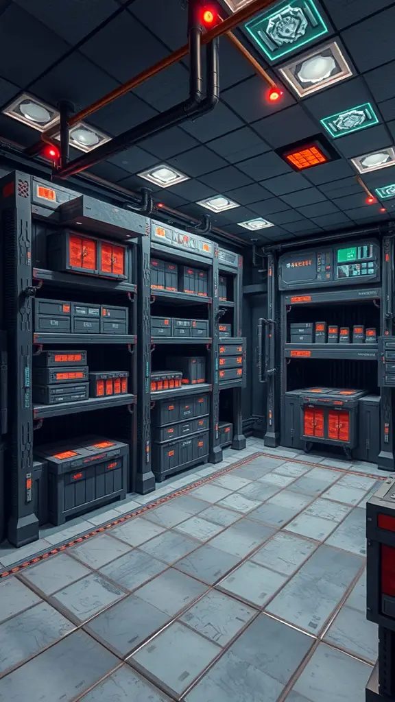 19 Creative Minecraft Storage Room Ideas You Need to Try 10 A modern automated storage room in Minecraft with dark shelving and colorful lights.