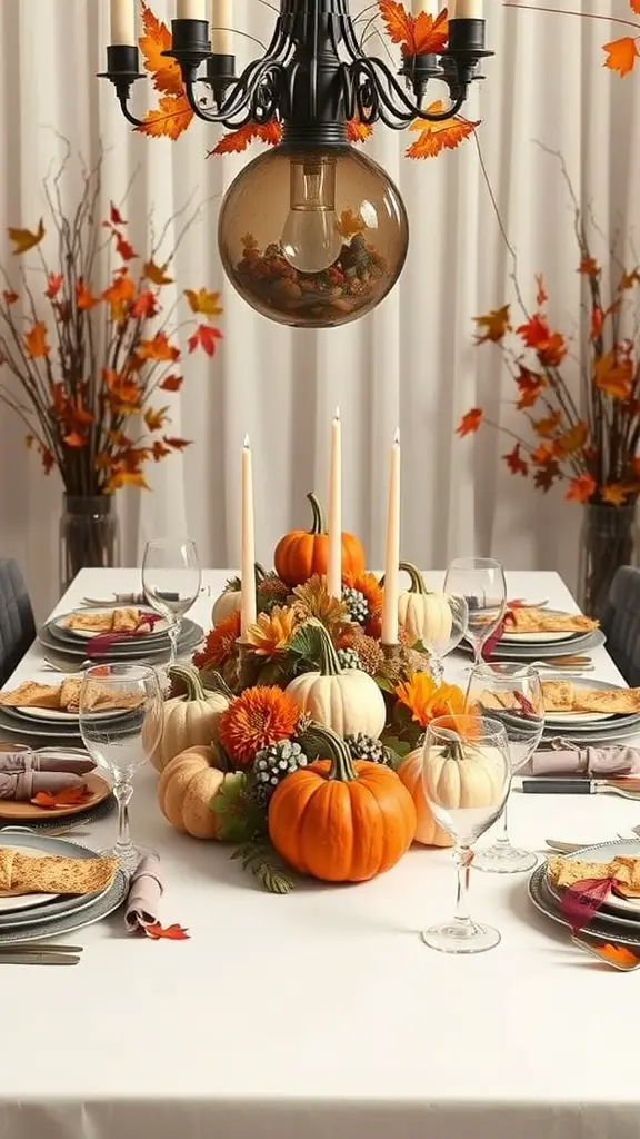 21 Adorable Pumpkin Baby Shower Ideas You’ll Love 4 A beautifully arranged autumn-inspired table setting with pumpkins, flowers, and candles.