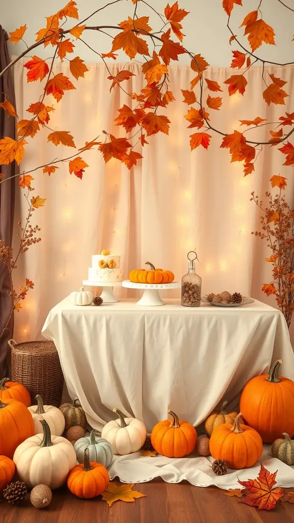 17 Creative Baby Shower Ideas for a September Celebration 9 Autumn-themed baby shower decorations with pumpkins, leaves, and fairy lights.