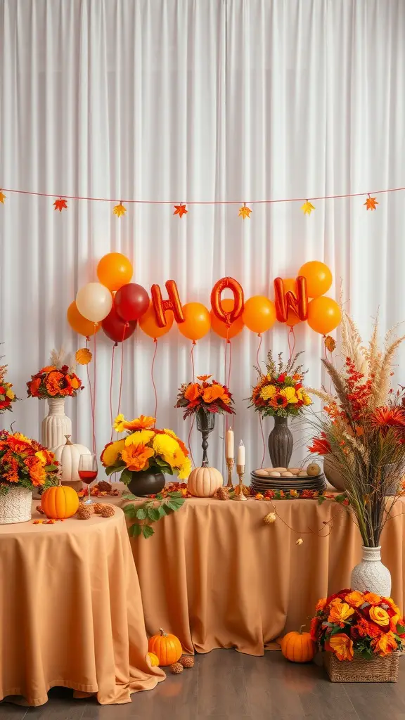 17 Creative Fall-Themed Baby Shower Ideas You’ll Love 12 A beautifully decorated autumn-themed baby shower setup featuring orange, yellow, and red colors with floral arrangements, pumpkins, and balloons.
